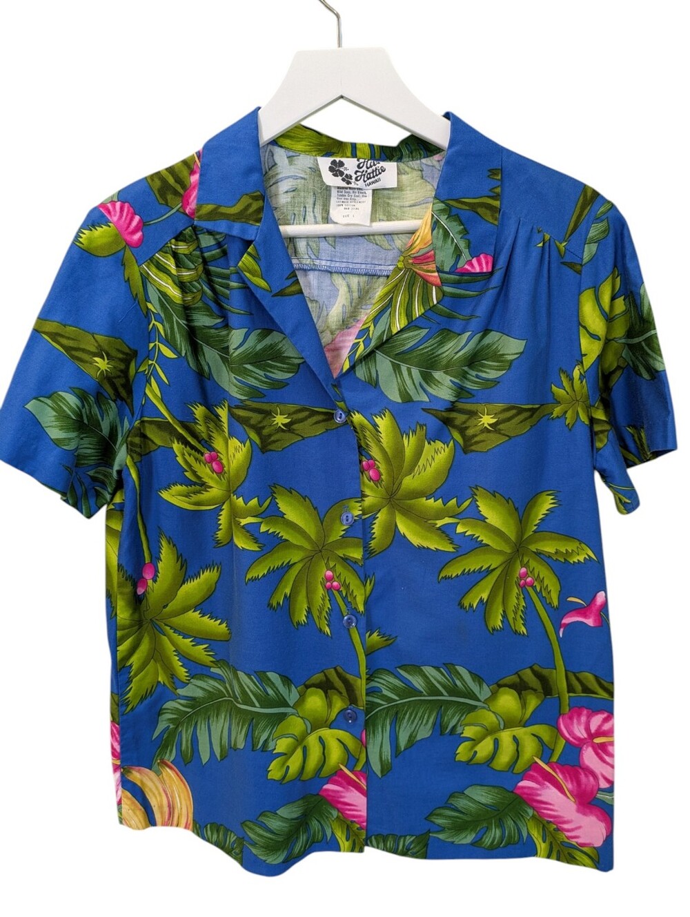 Hilo Hattie Hawaiian Shirt Large Cotton Tiki Aloha Orchid Print Button Front S/S